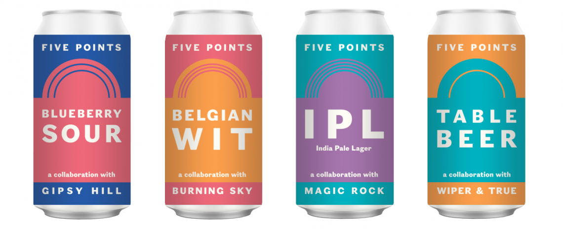 An illustration of the Five Years of Five Points beer cans